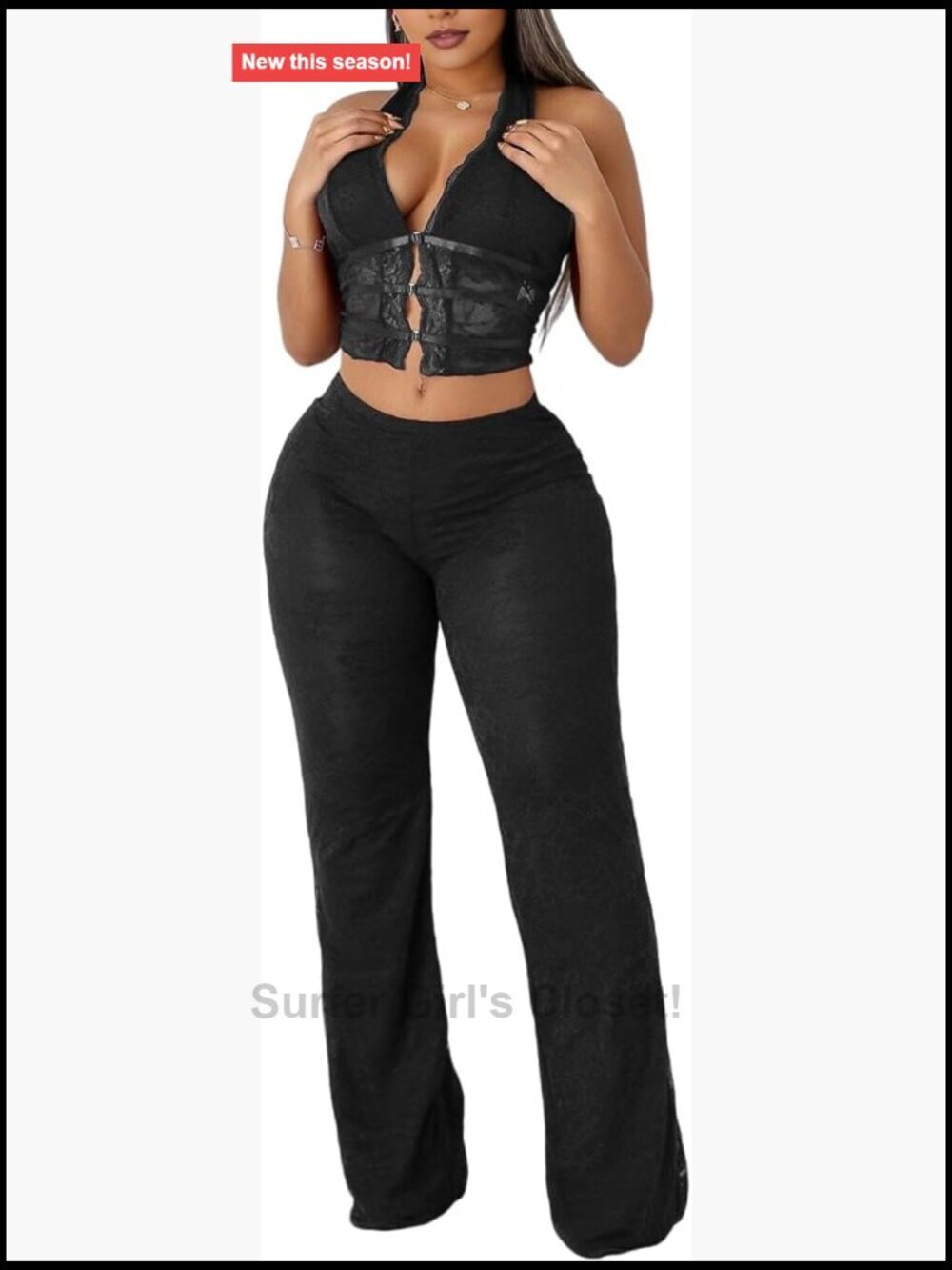 Lace Halter Crop Top and Floral Flare Pants Two Piece Set